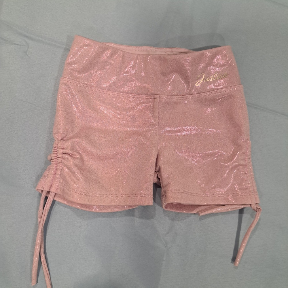 Justice Girls Rose Pink Shimmer Metallic Cinched‎ Side Active Shorts XS 5/6